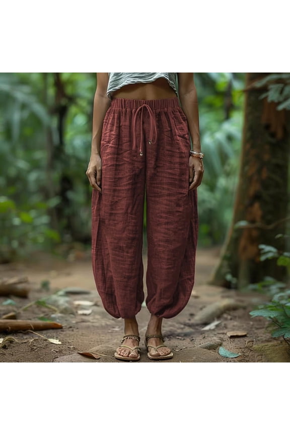 Linen Pants Women Cropped Baggy Harem Elastic Waist Drawstring Vacation Travel Casual Loose Boho Beach Pants Light Brown L