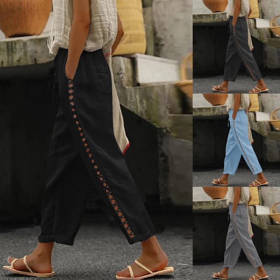 Nestiefly Linen Pants Women Hollowed-Out 2026 Trendy Summer Casual Cropped Mid Waist Gauze Pants Drawstring Lightweight Beach Vacation Trouser with Pockets Light Gray 2XL