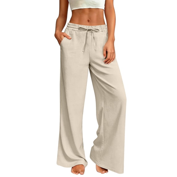 Nestiefly Linen Pants Women Summer Cotton Linen Pant Stretch Palazzo Pant Flowy Wide Leg Pant Loose Beach Trouser with Pockets Beige XL