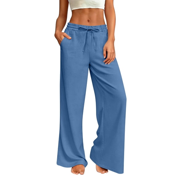 Nestiefly Linen Pants Women Summer Cotton Linen Pant Stretch Palazzo Pant Flowy Wide Leg Pant Loose Beach Trouser with Pockets Sky Blue M