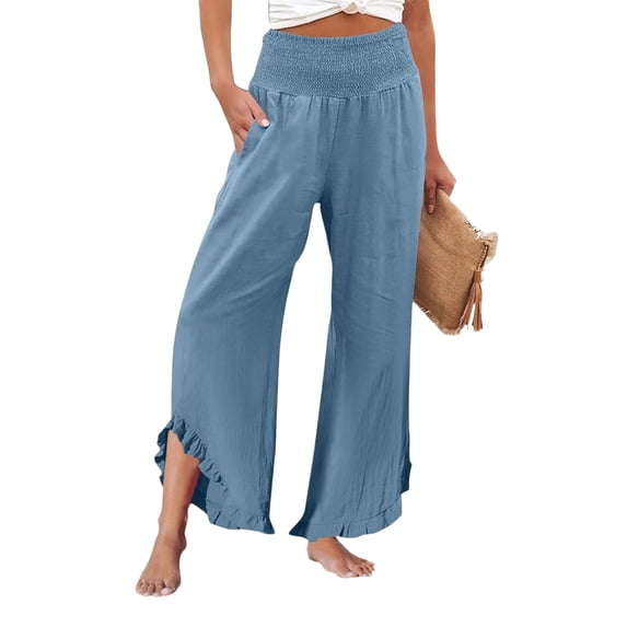 Nestiefly Linen Pants Women Summer Wide Leg Smocked Waist Ruffle Hem Pants Boho Flowy Beach Vacation Pant with Pockets Light Blue 3XL