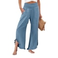 thumbnail image 1 of Nestiefly Linen Pants Women Summer Wide Leg Smocked Waist Ruffle Hem Pants Boho Flowy Beach Vacation Pant with Pockets Light Blue S, 1 of 7