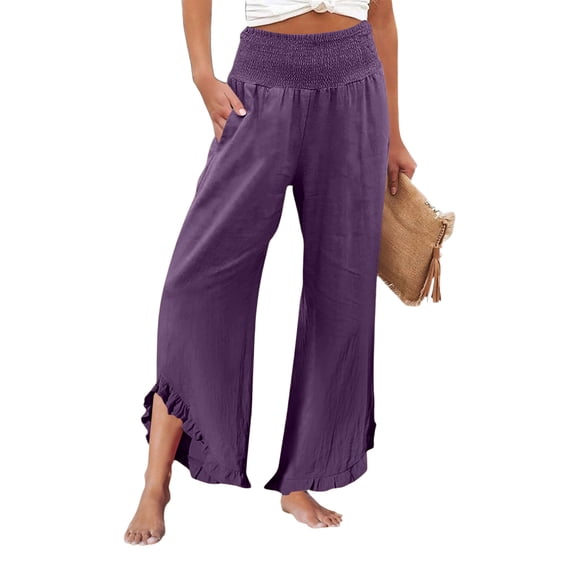 Nestiefly Linen Pants Women Summer Wide Leg Smocked Waist Ruffle Hem Pants Boho Flowy Beach Vacation Pant with Pockets Purple XL
