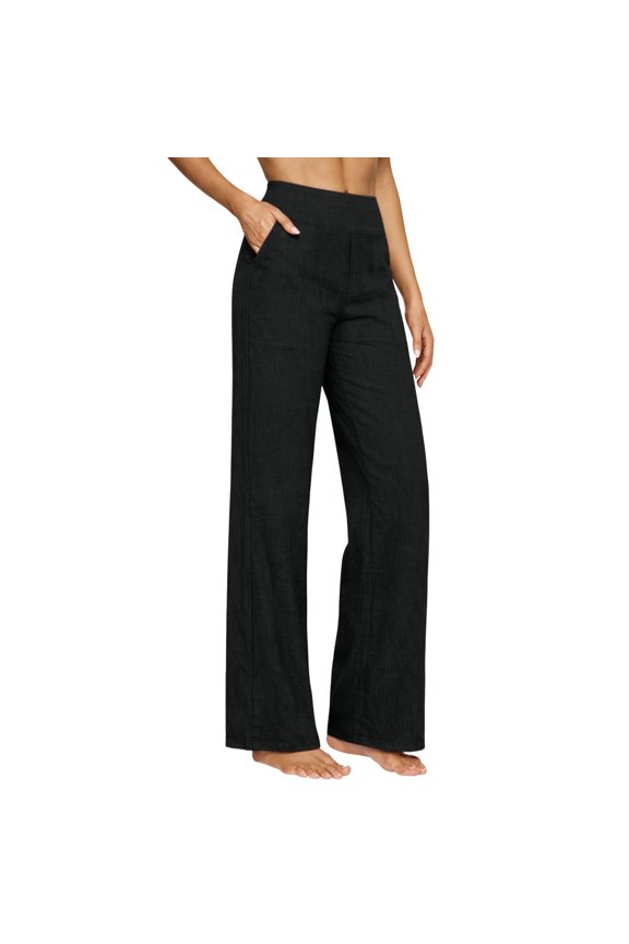 Linen Pants Women Wide Leg Long Flowy Wide Leg Palazzo Pants with Pockets Casual Drawstring Elastic Waist Trousers Black 2XL