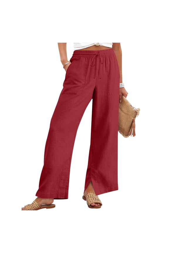 Linen Pants Women Wide Leg Long Flowy Wide Leg Palazzo Pants with Pockets Casual Drawstring Elastic Waist Trousers Wine 3XL
