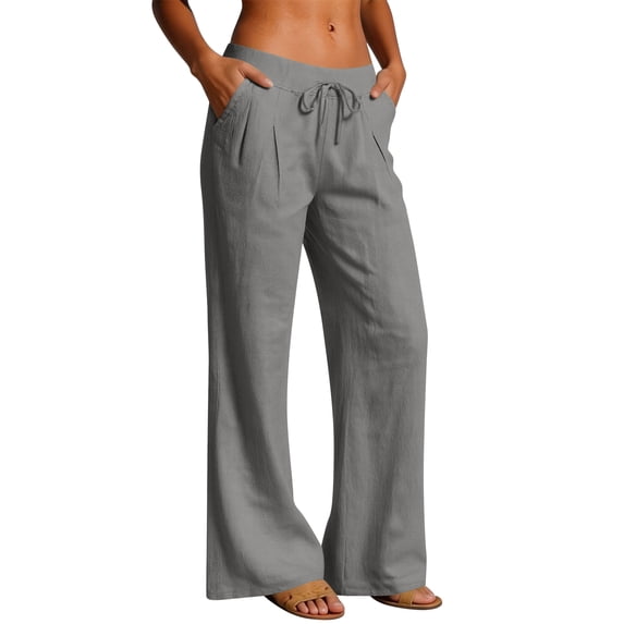 Nestiefly Linen Pants Women Wide Leg Palazzo Pant Drawstring Elastic Waist Trousers Casual Boho Summer Pants Beach Vacation Gray M