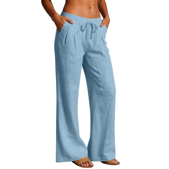 Nestiefly Linen Pants Women Wide Leg Palazzo Pant Drawstring Elastic Waist Trousers Casual Boho Summer Pants Beach Vacation Sky Blue 2XL