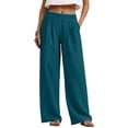 thumbnail image 1 of Nestiefly Linen Pants Women Wide Leg Palazzo Pants Flowy Elastic Waist Summer Beach Casual Trousers with Pockets Blue 2XL, 1 of 5