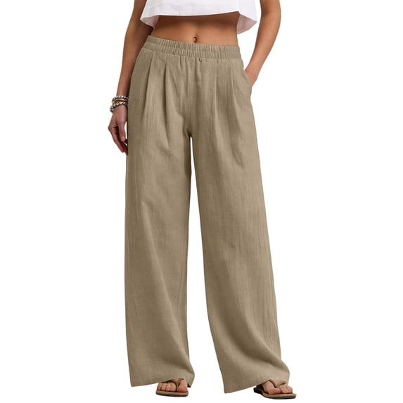 Nestiefly Linen Pants Women Wide Leg Palazzo Pants Flowy Elastic Waist Summer Beach Casual Trousers with Pockets Khaki M