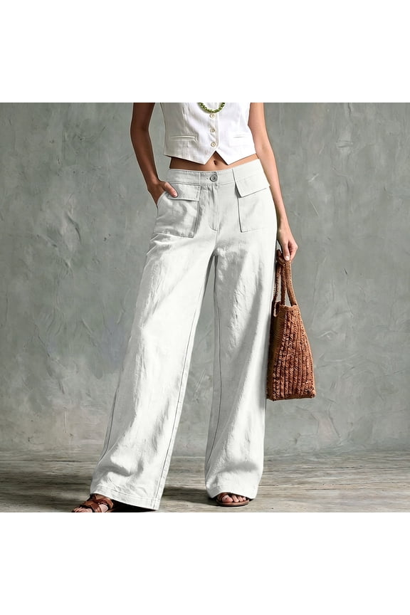 Linen Pants Women Wide Leg Palazzo Summer Flowy Pants Beach Vacation Clothes Elastic Waist Travel Trousers with Pockets 2026 White M