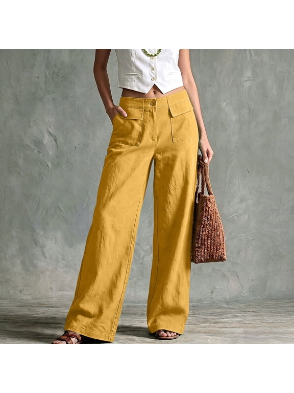 Linen Pants Women Wide Leg Palazzo Summer Flowy Pants Beach Vacation Clothes Elastic Waist Travel Trousers with Pockets 2026 Yellow XL