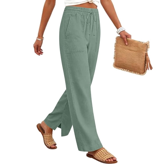 Nestiefly Linen Pants for Women Cotton Casual Summer Wide Leg Drawstring Elastic Trousers Side Split Beach Vacation Clothes Green XL