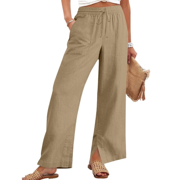 Nestiefly Linen Pants for Women Cotton Casual Summer Wide Leg Drawstring Elastic Trousers Side Split Beach Vacation Clothes Khaki 3XL