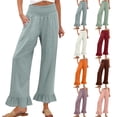 thumbnail image 1 of Nestiefly Linen Pants for Women Ruffle Wide Leg Pants Smocked High Waisted Boho Palazzo Pant Summer Lightweight Cotton Linen Pant Light Gray M, 1 of 8