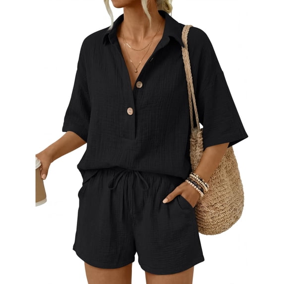 Nestiefly Linen Short Sets for Women 2 Piece 2026 Summer Short Sleeve Button Shirts Comfy Shorts Casual Beach Travel Lounge Outfit Black M