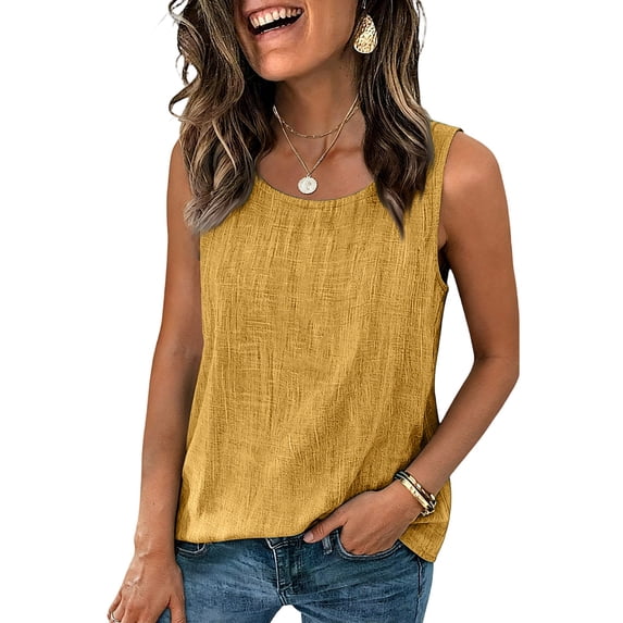 Nestiefly Linen Tank Tops for Women Summer 2026 Casual Comfy Sleeveless Cotton Shirts Loose Lightweight Gauze Camisoles Yellow 3XL