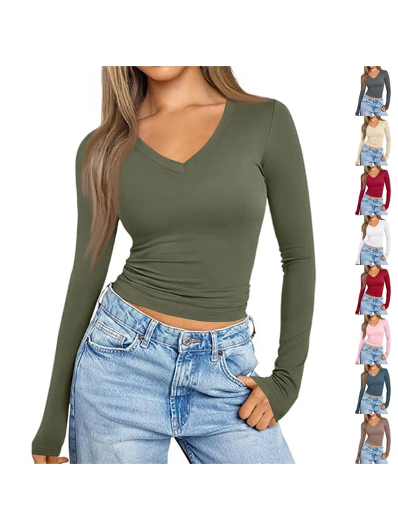 Long Sleeve Shirts for Women Fall Fashion V Neck Crop Tops Soft Stretchy Thermal Base Layer Undershirt Army Green L