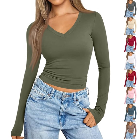 Nestiefly Long Sleeve Shirts for Women Fall Fashion V Neck Crop Tops Soft Stretchy Thermal Base Layer Undershirt Army Green M