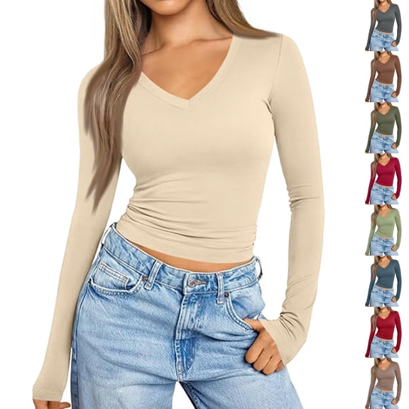 Nestiefly Long Sleeve Shirts for Women Fall Fashion V Neck Crop Tops Soft Stretchy Thermal Base Layer Undershirt Beige XL