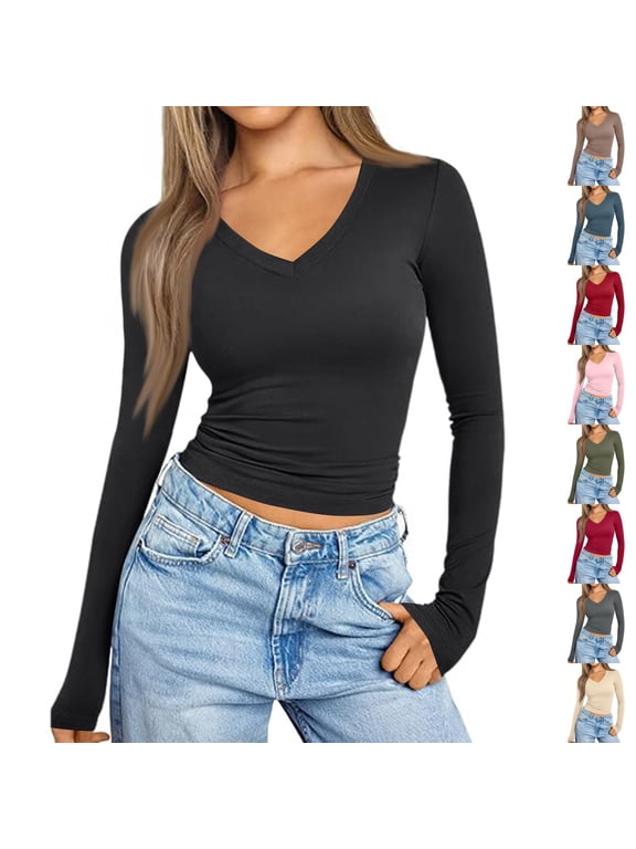 Long Sleeve Shirts for Women Fall Fashion V Neck Crop Tops Soft Stretchy Thermal Base Layer Undershirt Black M