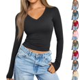 thumbnail image 1 of Nestiefly Long Sleeve Shirts for Women Fall Fashion V Neck Crop Tops Soft Stretchy Thermal Base Layer Undershirt Black S, 1 of 6