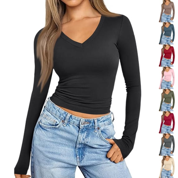 Nestiefly Long Sleeve Shirts for Women Fall Fashion V Neck Crop Tops Soft Stretchy Thermal Base Layer Undershirt Black S