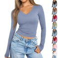 thumbnail image 1 of Nestiefly Long Sleeve Shirts for Women Fall Fashion V Neck Crop Tops Soft Stretchy Thermal Base Layer Undershirt Blue S, 1 of 6