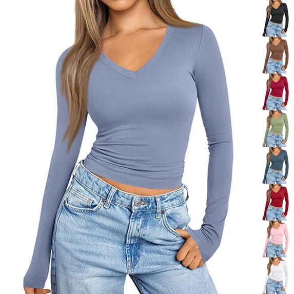 Nestiefly Long Sleeve Shirts for Women Fall Fashion V Neck Crop Tops Soft Stretchy Thermal Base Layer Undershirt Blue S
