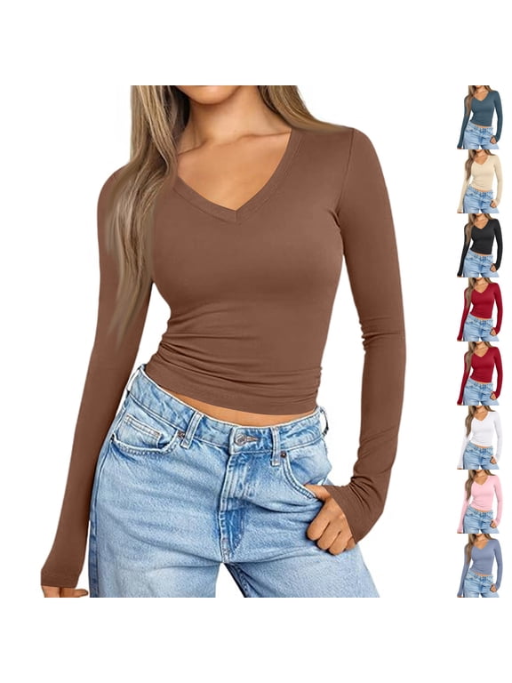 Long Sleeve Shirts for Women Fall Fashion V Neck Crop Tops Soft Stretchy Thermal Base Layer Undershirt Brown L