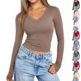 thumbnail image 1 of Nestiefly Long Sleeve Shirts for Women Fall Fashion V Neck Crop Tops Soft Stretchy Thermal Base Layer Undershirt Light Brown L, 1 of 6