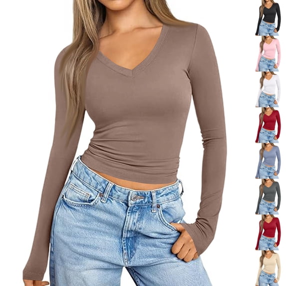 Nestiefly Long Sleeve Shirts for Women Fall Fashion V Neck Crop Tops Soft Stretchy Thermal Base Layer Undershirt Light Brown L