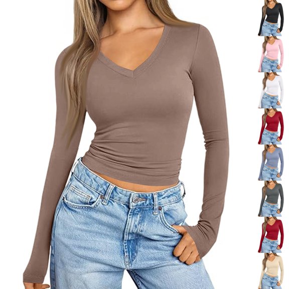 Nestiefly Long Sleeve Shirts for Women Fall Fashion V Neck Crop Tops Soft Stretchy Thermal Base Layer Undershirt Light Brown L