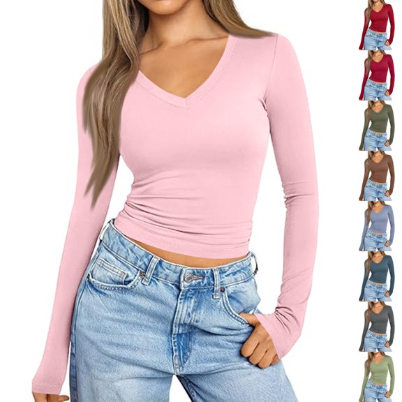 Nestiefly Long Sleeve Shirts for Women Fall Fashion V Neck Crop Tops Soft Stretchy Thermal Base Layer Undershirt Pink M