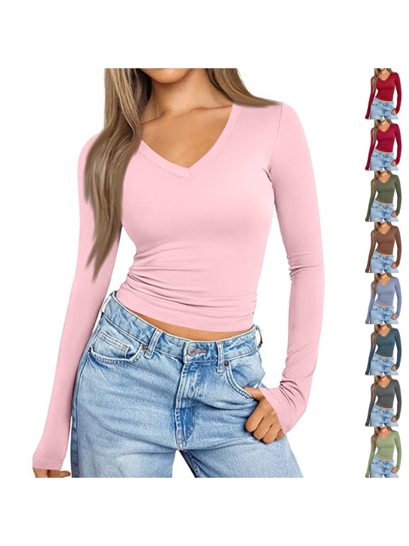 Long Sleeve Shirts for Women Fall Fashion V Neck Crop Tops Soft Stretchy Thermal Base Layer Undershirt Pink XL