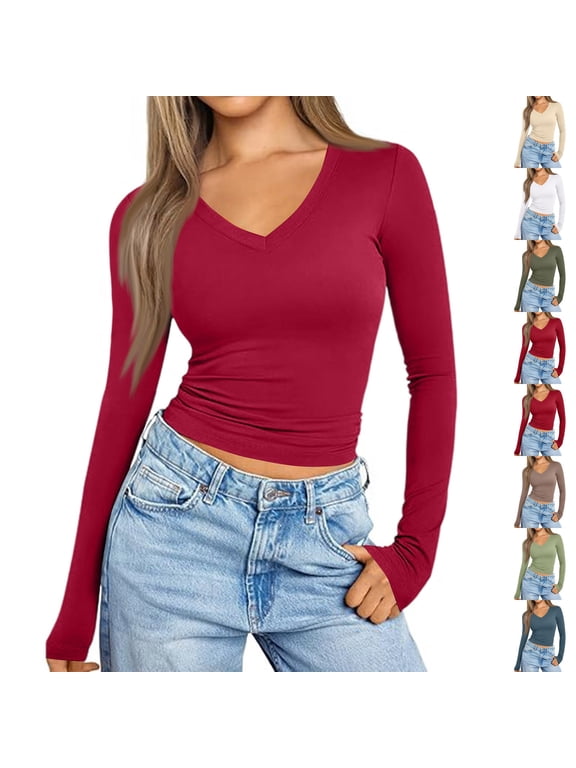 Long Sleeve Shirts for Women Fall Fashion V Neck Crop Tops Soft Stretchy Thermal Base Layer Undershirt Wine L