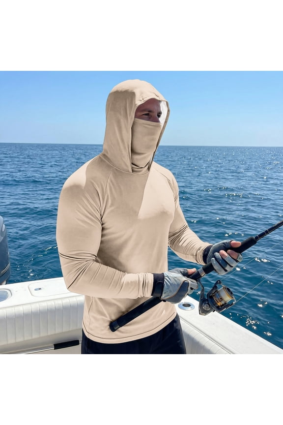 Long Sleeve Sun Protection Shirt Men Golf Performance Moisture Wicking Clothing Cooling Hooded Rash Guard Swim Fish Shirt with Mask Beige XL