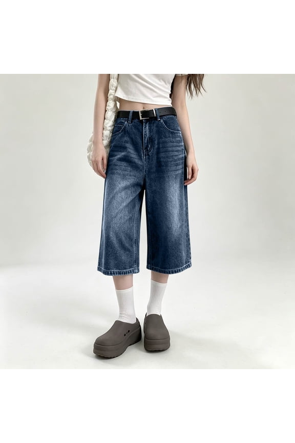 Machine Wash Y2K Jorts Women Wide Leg Baggy Long Jean Shorts Loose Fit Bermuda Denim Shorts 2026 Dark Blue L