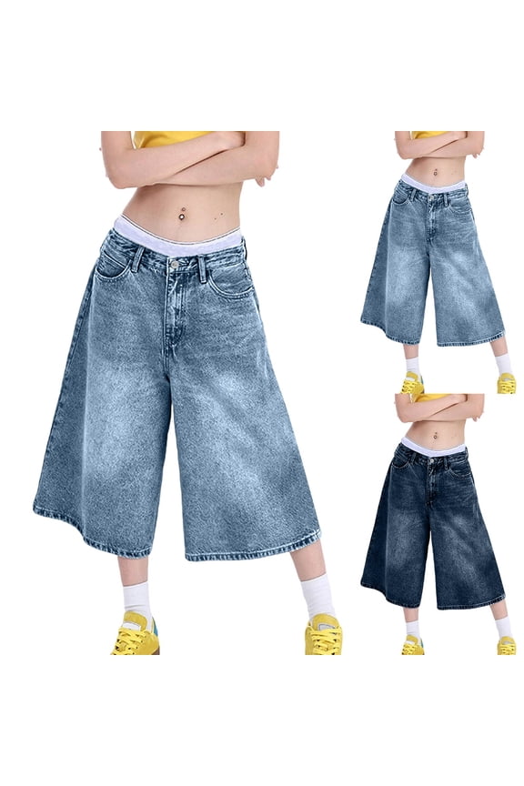 Machine Wash Y2K Jorts Women Wide Leg Baggy Long Jean Shorts Loose Fit Bermuda Denim Shorts Light Blue S