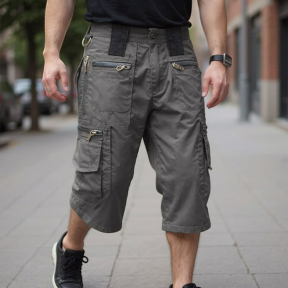 Nestiefly Men Cargo Pant Elastic Waist Below Knee Y2k Fishing Capri Pants 3/4 Wide Leg Summer Tactical Long Shorts with 7 Pockets Dark Gray 4XL