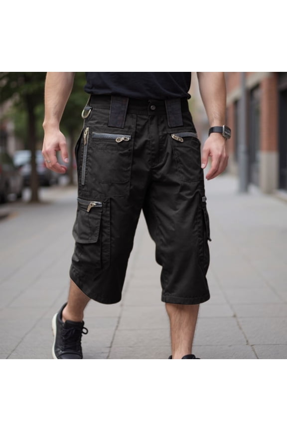 Men Shorts Stretch Cargo Below Knee 3/4 Sportswear Beach Long Shorts Wide Leg Elastic Waist Plus Size Athletic Capri Pants with 7 Pockets Black XL