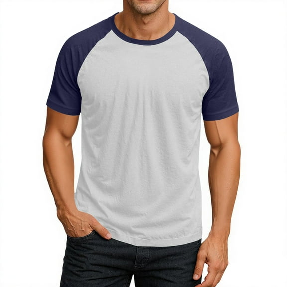 Nestiefly Men T-Shirt Pattern Raglan Sleeve Crewneck Comfortable Western Plain Tee Short Sleeve Basic Relaxed Gym T-Shirts Navy XL