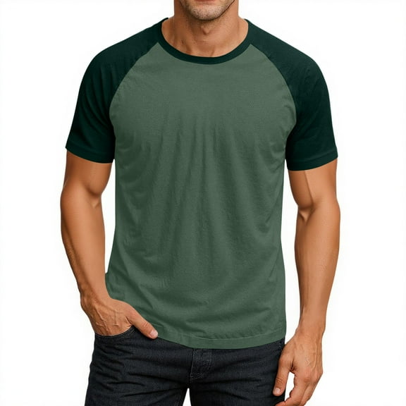 Nestiefly Men T Shirts Short Sleeve Raglan Sleeve Crewneck Retro Outdoor Shirts Basic Cotton Western Tops Green 2XL