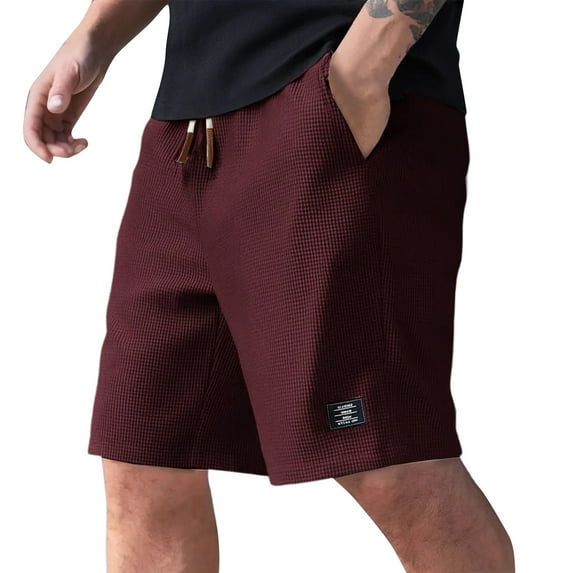 Nestiefly Men Workout Shorts 7 Inch Jacquard Texture Elastic Waist High Waisted Vintage Sweat Shorts Above Knee Drawstring Waffle Knit Formal Above Knee Shorts with Pockets Wine 2XL