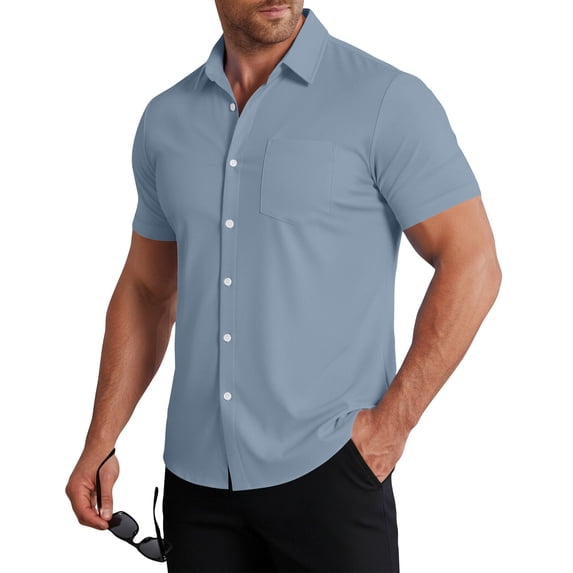 Nestiefly Men Wrinkle Free Quick Dry Shirts 2026 Summer Button Short Sleeve Casual Button Down Work Hiking Dress Shirts Light Blue XL