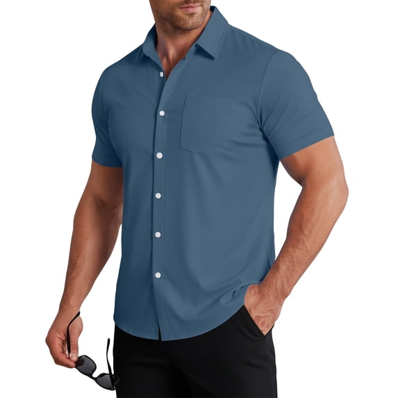 Nestiefly Men Wrinkle Free Quick Dry Shirts 2026 Summer Button Short Sleeve Casual Button Down Work Hiking Dress Shirts Royal Blue S