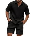 thumbnail image 1 of Nestiefly Men's 2 Piece Waffle Knit Outfit Half Zip Polo Shirt and Shorts Textured Summer Set Vintage Loose Sweatsuit Plus Size Black 2XL, 1 of 7