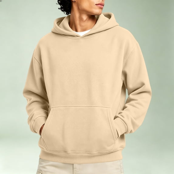 Nestiefly Men's Athletic Hoodies Fleece Plain Pullover Comfort Oversized Streetwear Fall Travel Drop Shoulder Sweatshirt Khaki S