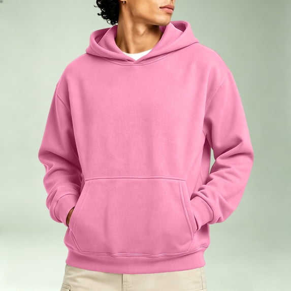 Nestiefly Men's Athletic Hoodies Fleece Plain Pullover Comfort Oversized Streetwear Fall Travel Drop Shoulder Sweatshirt Pink XL