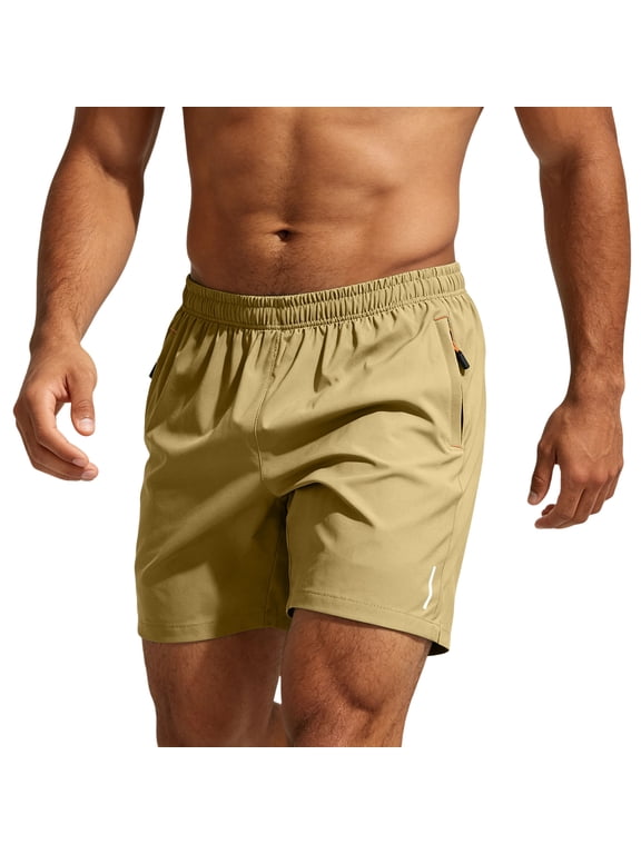 Men's Athletic Shorts Quick Dry Lightweight Linerless Gym Workout Hiking Shorts with Zipper Pockets Khaki L