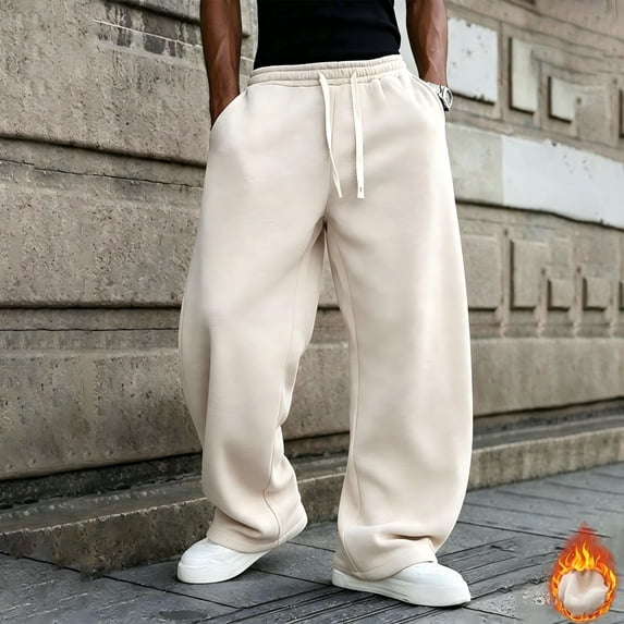Nestiefly Men's Baggy Sweatpants Fleece Wide Leg Barrel Sweat Pants Lounge Joggers Loose Fit Pants with Deep Pockets Beige XL